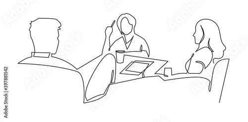 Women work together for business lunch vector art. Business team meeting continuous line drawing. Friends in cafe contour vector illustration. Girls talk to each other and have a good time