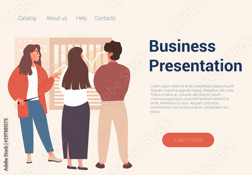 Three caucasian colleagues doing business presentation. Concept of teambuilding and coming together and generating ideas or having conversation. Website, web page, landing page template