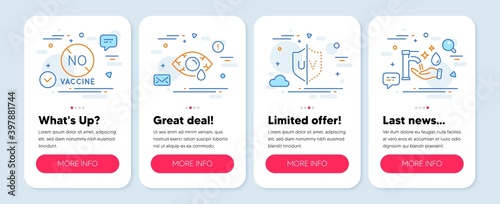 Set of Medical icons, such as No vaccine, Conjunctivitis eye, Uv protection symbols. Mobile screen mockup banners. Washing hands line icons. Covid-19 treatment, Optometry clinic, Ultraviolet. Vector