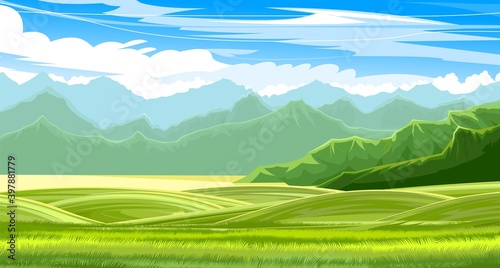 Beautiful rural landscape. Hilly meadows and pastures. Summer green scenery. Blue sky with clouds. Flat style. Vector