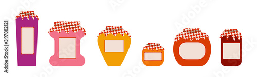 Set of apricot, cherry, strawberry and kiwi jam, marmalade in traditional jars. Bright, cartoon illustration of a jam bottle. Auutmnal harvest illustration. Hand drawing cute food character. Vector.