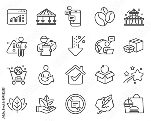 Business icons set. Included icon as Stop talking, Shopping cart, Organic product signs. Packing boxes, Communication, Coffee beans symbols. Carousels, Copyright chat, Return package. Vector