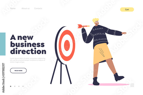 New business direction concept of landing page with blindfold woman holding arrow in wrong direction