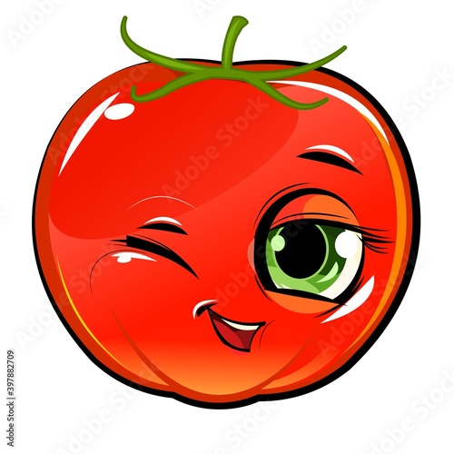 Tomato cheerful smile. Juicy red fruit with a muzzle. Cartoon style. Isolated over white background. Vector illustration. Winks.