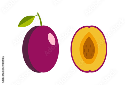 Fresh juicy plum isolated on a white background. Colorful half and whole plum with a leaf. Vector illustration.