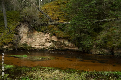 City Cesis  Latvia. Old sand cave and green moss.Travel photo.