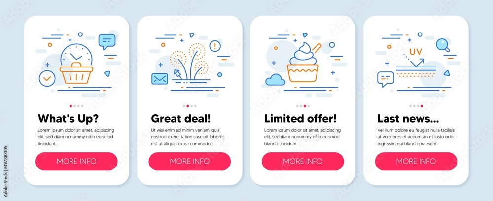 Set of Business icons, such as Last minute, Ice cream, Fireworks symbols. Mobile screen mockup banners. Uv protection line icons. Opening hours, Sundae cup, Pyrotechnic salute. Skin cream. Vector