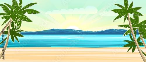 Fototapeta Naklejka Na Ścianę i Meble -  Beach. Seaside landscape. Tropical trees by the sea, ocean. Mountains in the distance on the horizon. Grass and thickets in the sand. Illustration. Vector