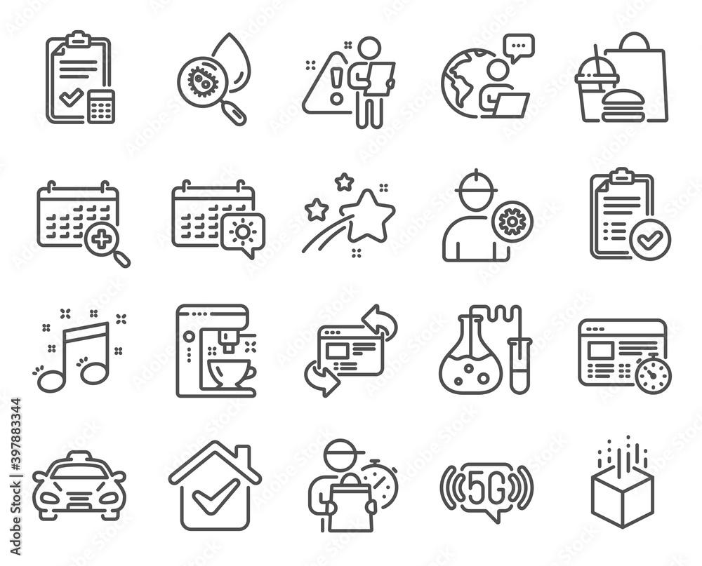 Line icons set. Included icon as Musical note, Augmented reality, Water analysis signs. Accounting checklist, Refresh website, 5g wifi symbols. Medical calendar, Engineer, Coffee maker. Vector Line icons set. Included icon as Musical note, Augmented reality, Water analysis signs. Accounting checklist, Refresh website, 5g wifi symbols. Medical calendar, Engineer, Coffee maker. Vector