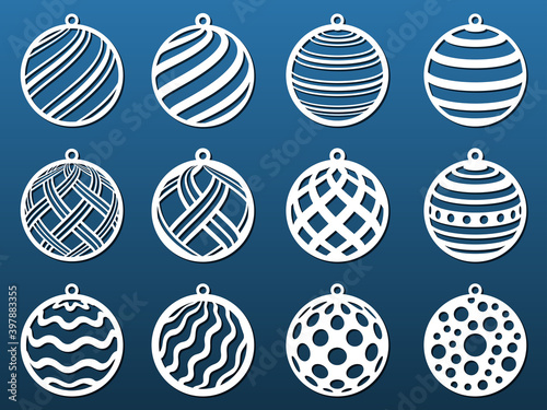 Laser cut Christmas balls. Set of templates for cnc cutting, paper art, fretwork Metal, wood, leather, resin diy craft. Decorative elements, coasters, pendants. Vector illustration