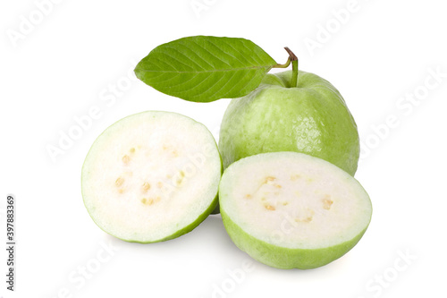 Guava fruit with leaf isolated on white background . full depth of field
