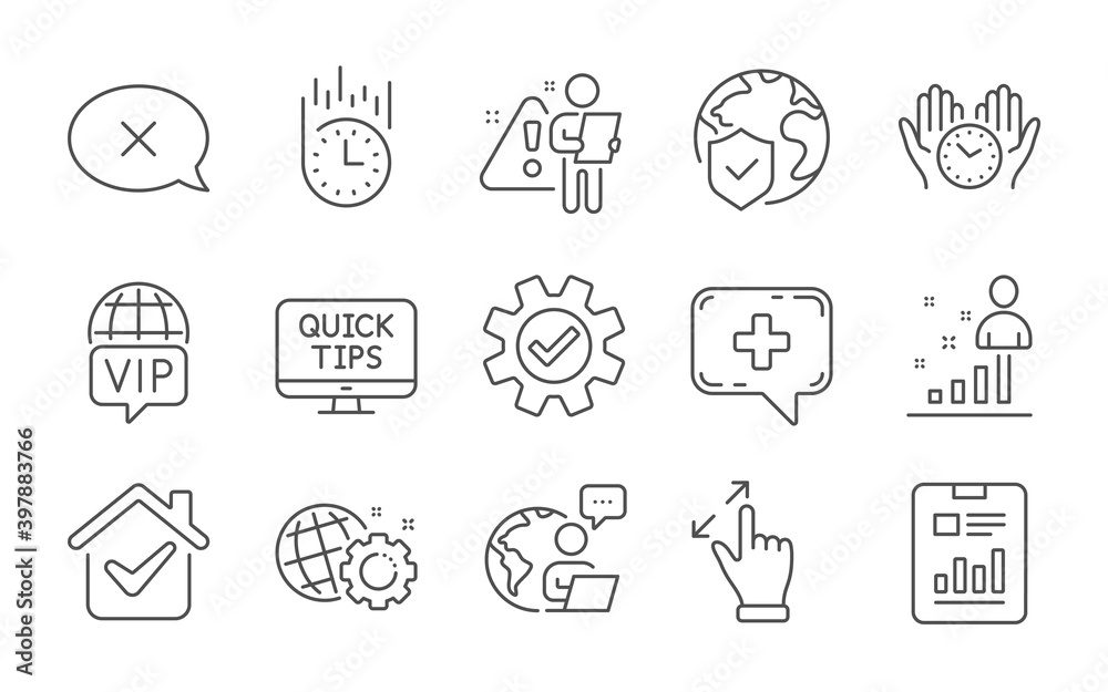 Vip internet, Seo gear and Reject line icons set. Service, Safe time and Stats signs. Report document, Medical chat and Touchscreen gesture symbols. Line icons set. Vector Vip internet, Seo gear and Reject line icons set. Service, Safe time and Stats signs. Report document, Medical chat and Touchscreen gesture symbols. Line icons set. Vector