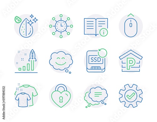 Business icons set. Included icon as Development plan, Dirty water, Smile chat signs. Recovery ssd, Text message, Technical info symbols. Love lock, World time, Clean t-shirt. Swipe up. Vector