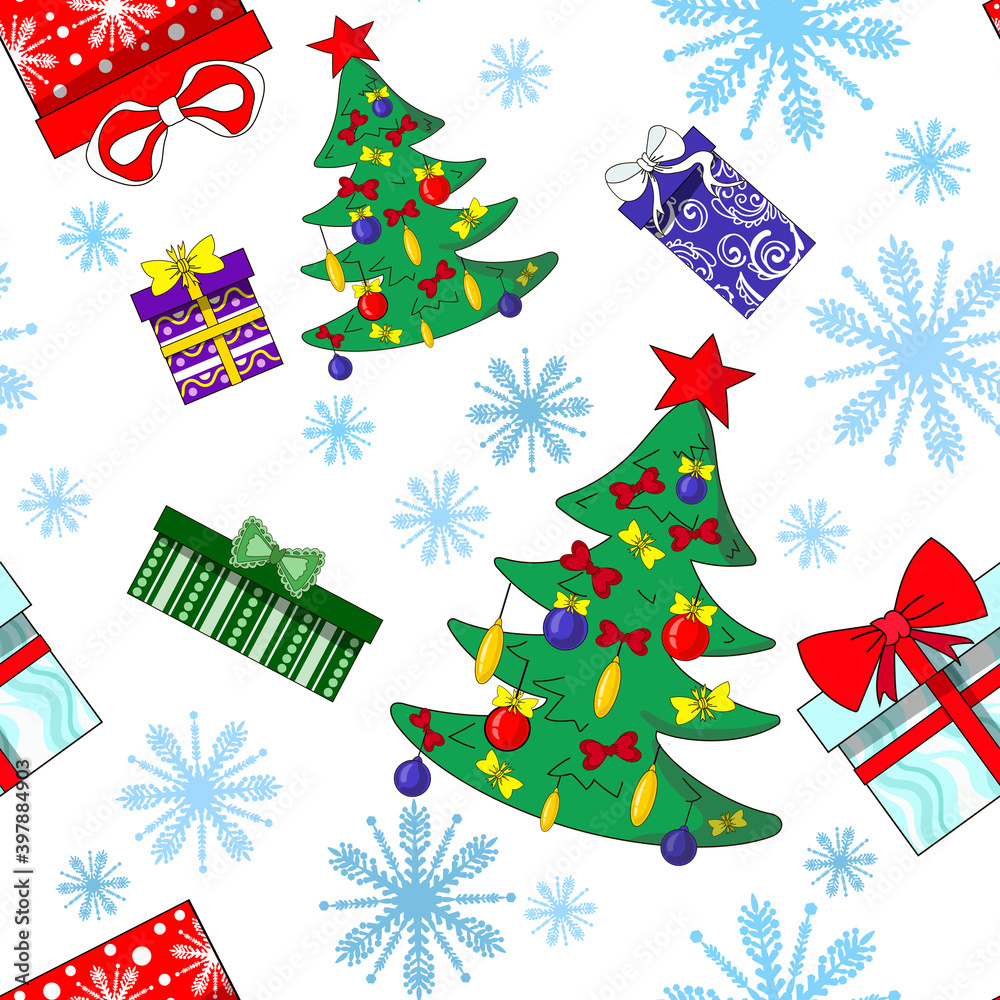 Naklejka premium Christmas seamless pattern in cartoon style. It contains Christmas trees, gifts and snowflakes isolated on a white background. Stock vector illustration