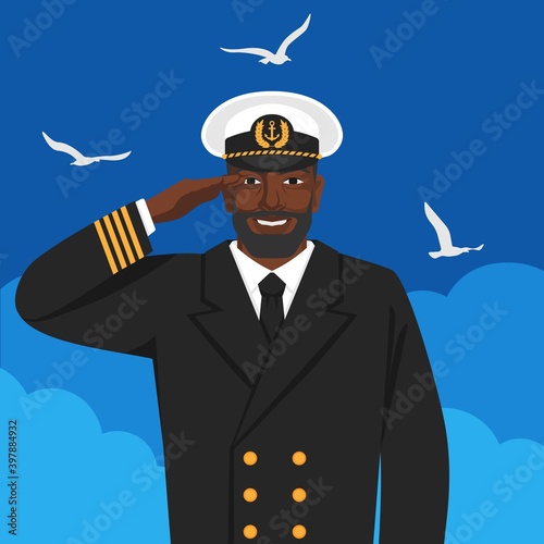 Black male captain of sea ship in uniform saluting