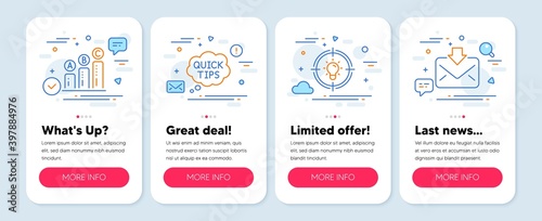 Set of Education icons, such as Quick tips, Idea, Graph chart symbols. Mobile screen app banners. Incoming mail line icons. Helpful tricks, Solution, Growth report. Download message. Vector