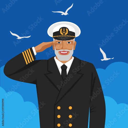 Captain of sea ship in uniform saluting