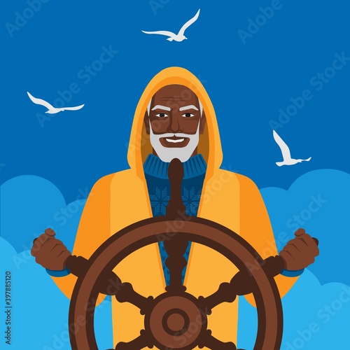 Black male fisherman at helm against cloudy sky and seagulls