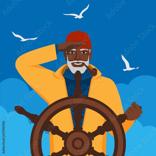 Black male fisherman looks into distance standing at helm of boat