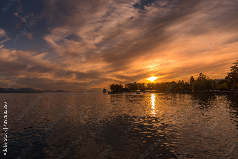 Sunset on Lake Geneva. Golden hour