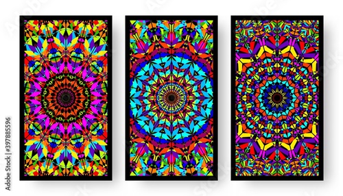 Bright colorful business cards collection with kaleidoscope pattern