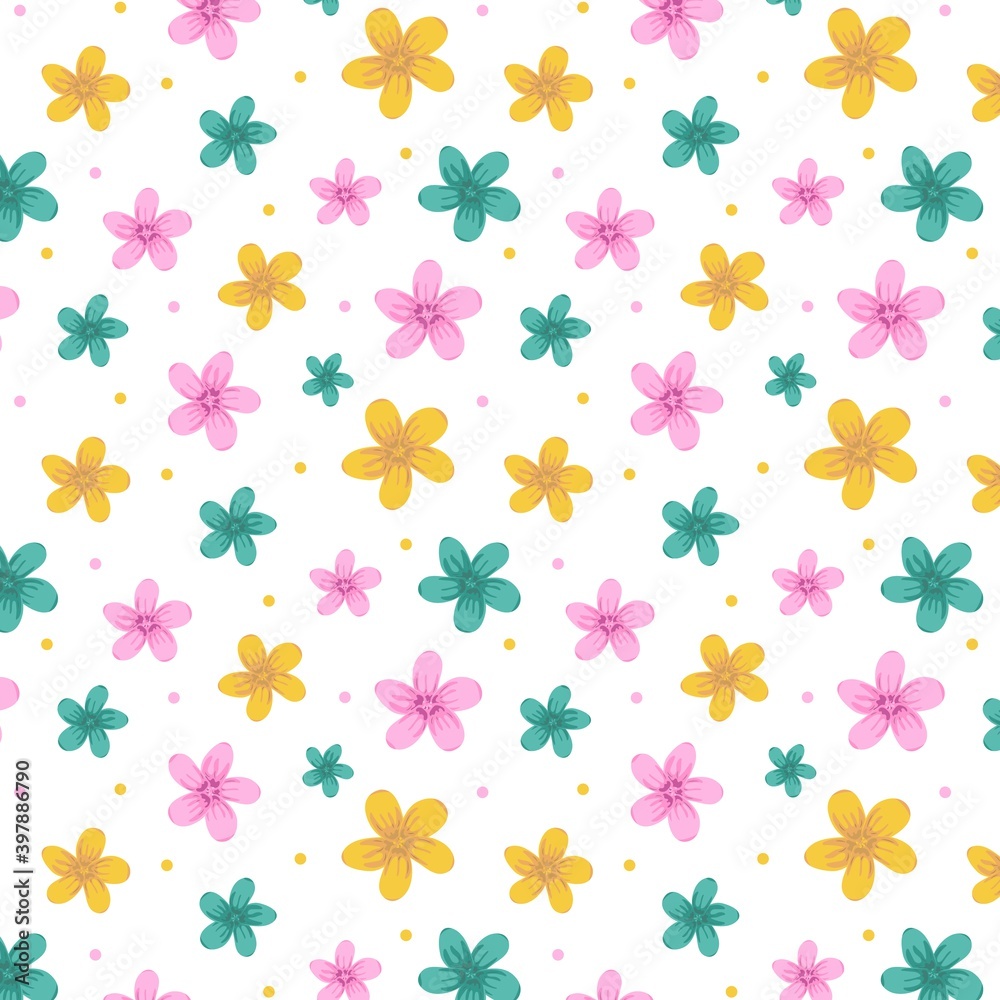 Seamless pattern with cute colorful flowers. Beautiful background, textile and scrapbooking. Vector illustration. Seamless pattern with cute colorful flowers. Beautiful background, textile and scrapbooking. Vector illustration.