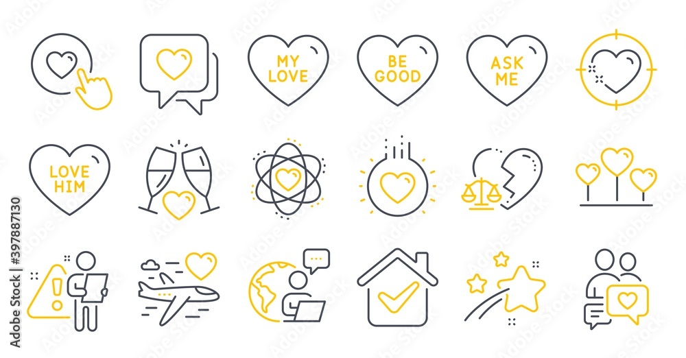 Set of Love icons, such as Honeymoon travel, Dating chat, Heart symbols. Love, Be good, Love him signs. Wedding glasses, Divorce lawyer, Ask me. Atom, Like button, Heart target line icons. Vector Set of Love icons, such as Honeymoon travel, Dating chat, Heart symbols. Love, Be good, Love him signs. Wedding glasses, Divorce lawyer, Ask me. Atom, Like button, Heart target line icons. Vector