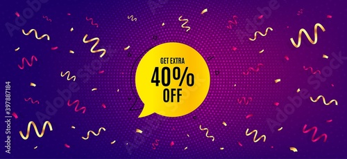 Get 40 percent off bubble banner. Festive confetti background with offer message. Discount sticker shape. Sale badge icon. Best advertising confetti banner. Sale bubble badge shape. Vector