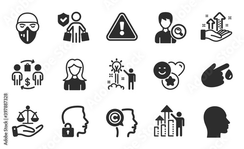 Buying process  Writer and Search people icons simple set. Medical mask  Smile and Woman signs. Justice scales  Analysis graph and Creative idea symbols. Flat icons set. Vector