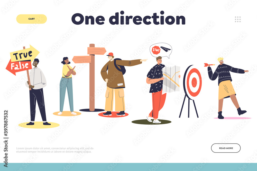 Obraz premium One direction landing page concept with group of people making right and wrong decisions