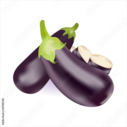 Eggplants. Eggplant Fresh vegetables. Collection of eggplant. Fresh ripe eggplant with green stalks isolated on a white background. Vegetarian food. Ripe juicy vegetable. Vector illustration.