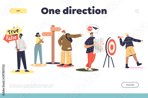 One direction landing page concept with group of people making right and wrong decisions
