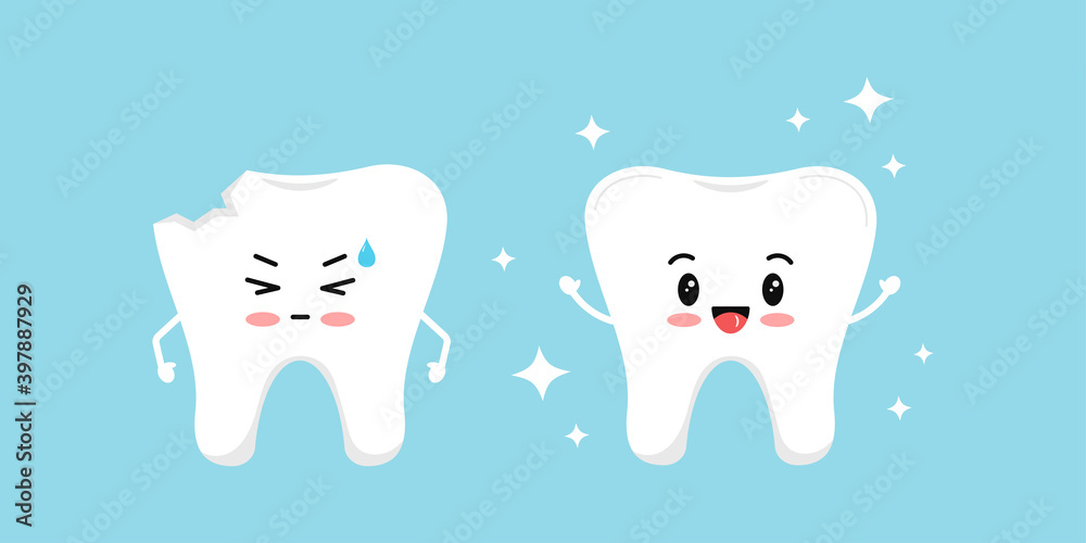 Chipped tooth and healthy tooth before, after treatment icon set. Broken teeth with problem treatment concept. Flat cartoon sad and happy character vector illustration. Dental health care image. Chipped tooth and healthy tooth before, after treatment icon set. Broken teeth with problem treatment concept. Flat cartoon sad and happy character vector illustration. Dental health care image.