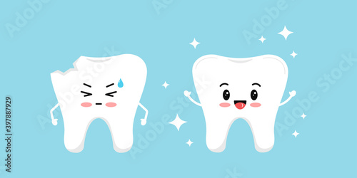 Chipped tooth and healthy tooth before, after treatment icon set. Broken teeth with problem treatment concept. Flat cartoon sad and happy character vector illustration. Dental health care image.