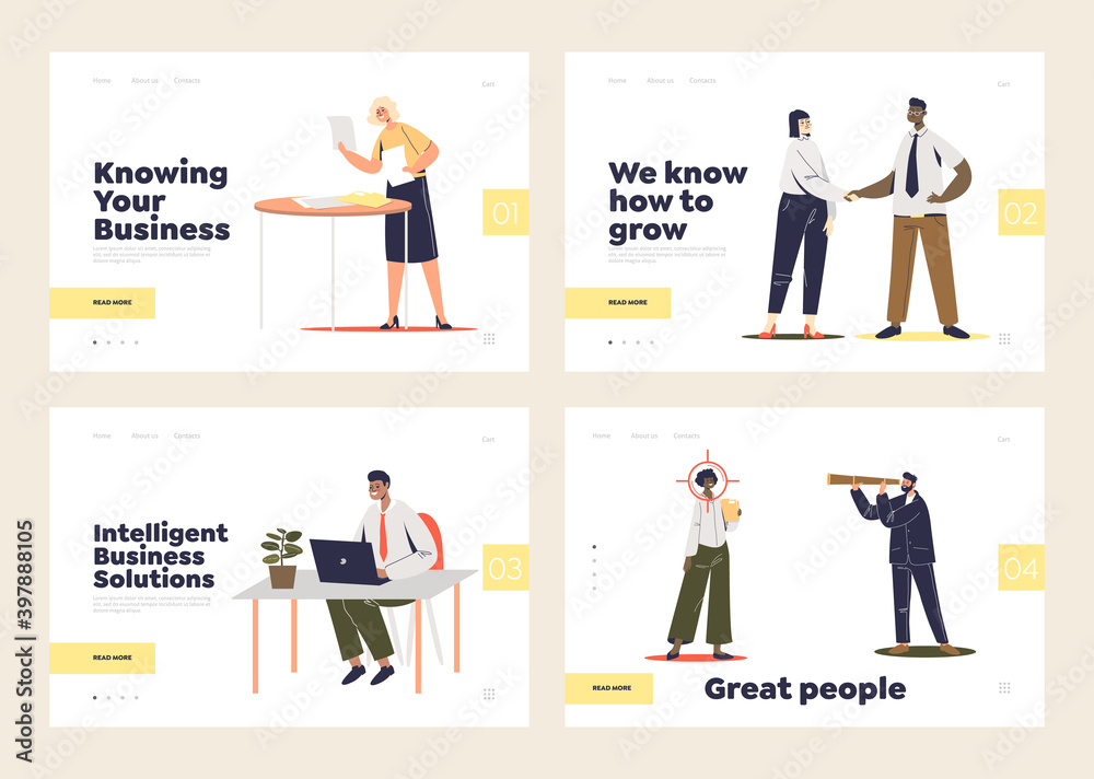 Business solutions and human resources concept of set of template landing pages with businesspeople Business solutions and human resources concept of set of template landing pages with businesspeople