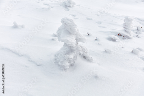 Abstract forms of snow and ice created by strong winds. White minimalist scene.