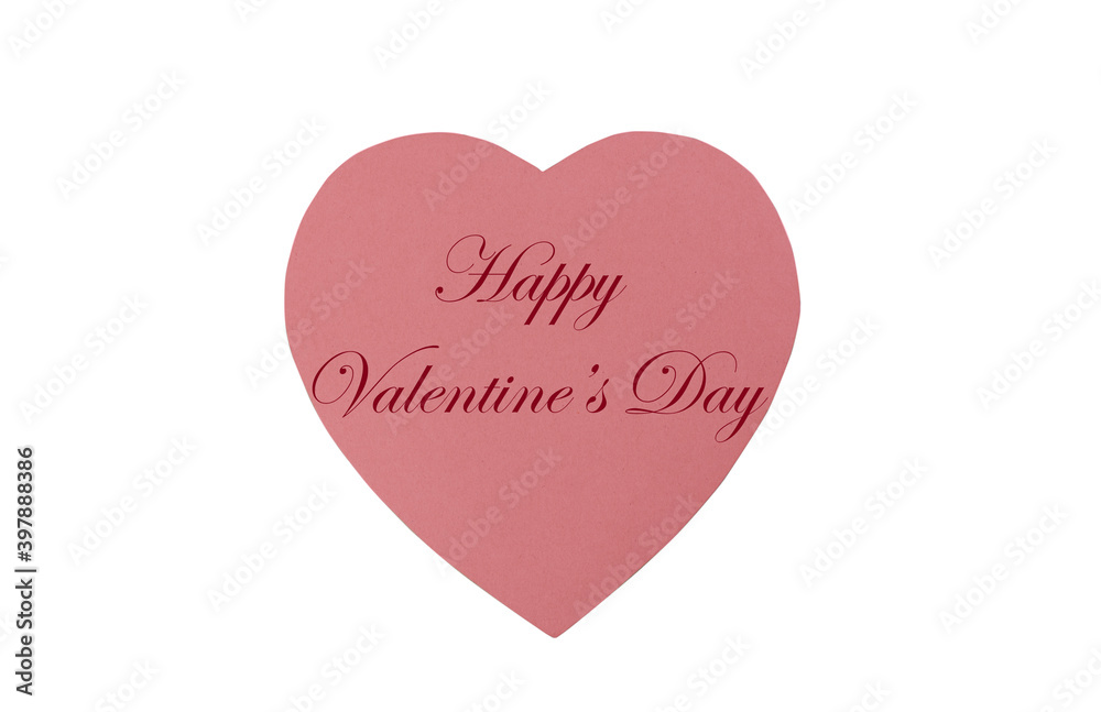A large pink cardboard heart box for Happy Valentines Day isolated on white plus text message