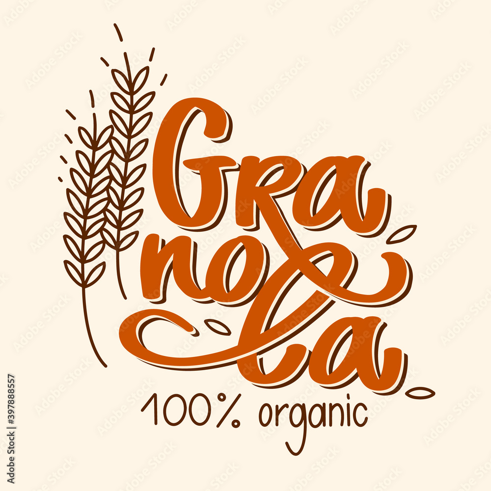Fototapeta premium Granola logo vector. Lettering composition, spikelets with grains. Handwritten calligraphy. Healthy snack logotype for package, label. 100 organic.