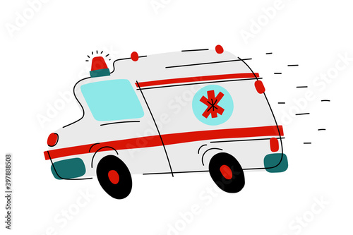Cartoon white ambulance with red signs. Medical rescue vehicle isolated on white background. Paramedic transport is moving fast with lights, siren. Medicine, health, care symbol. Vector illustration