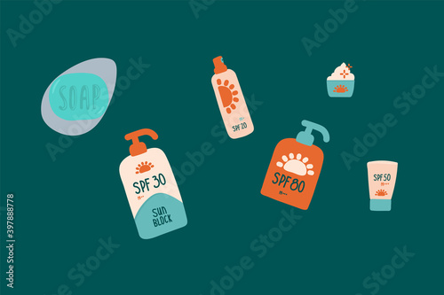 Cosmetics Safety in the sun. Cute set of illustrations with cosmetics from the hot rays of the sun. Cream, tubes, and soap. Vector Concept of summer vacation vacation on the beach. Sun protection, SPF