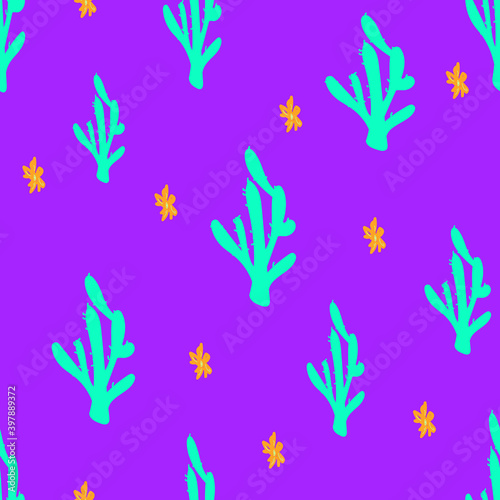 Seamless vector hand drawn pattern with cute cactus and flowers botanical illustration for wallpaper wrapping and packaging design colorful motif for fabric and textile in cartoon style