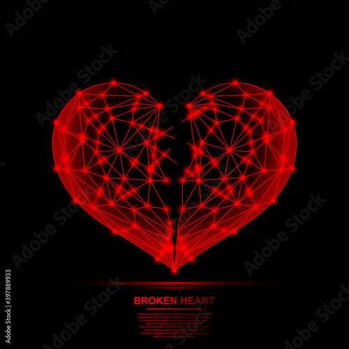 Wireframe broken heart symbol vector illustration on black background.