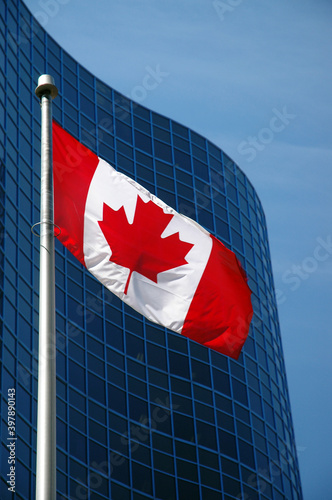 Photography Portrait of Canadian Flag against a blue sky and building