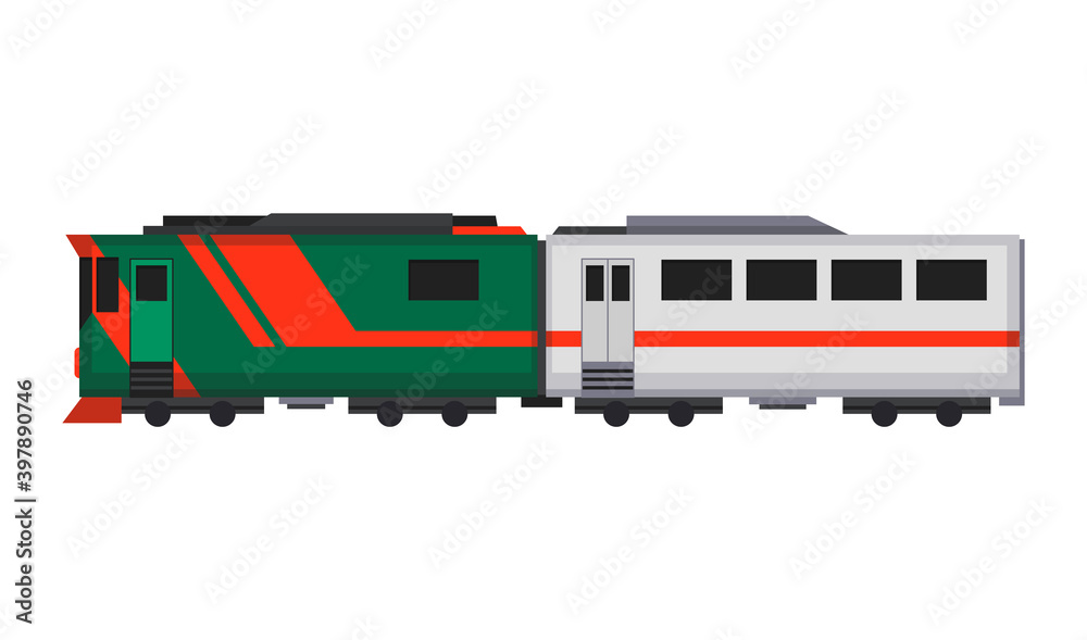 Passenger express train. Railway carriage. Cartoon subway or high speed train. Vector icon for web design or game scene