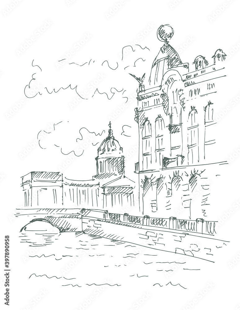 Hand drawn Kazan Cathedral and House of Books (The Singer House) on Nevsky prospekt, Saint Petersburg. Sketch, vector illustration.