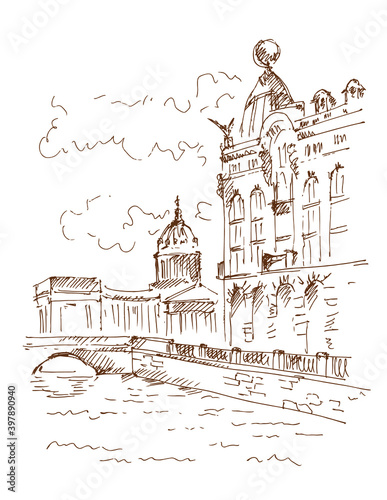 Hand drawn Kazan Cathedral and House of Books (The Singer House) on Nevsky prospekt, Saint Petersburg. Sketch, vector illustration.