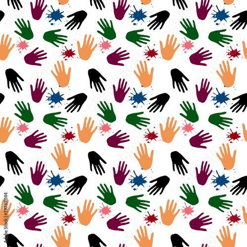 multicolored hand prints on white background