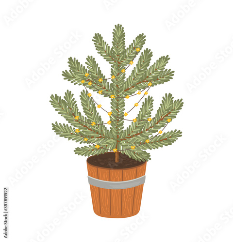 Christmas tree vector illustration. Hand drawn isolated spruce tree with holiday decoration