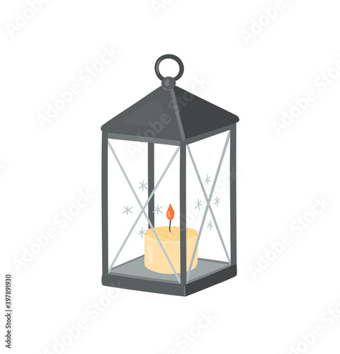 Hand drawn winter lantern with candle vector illustration
