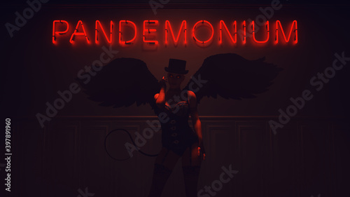 Devil Woman Red Daemon Fallen Angel with Black Wings and Tail in a Corset and Top Hat with Neon Pandemonium Sign on the Wall Gates of Hell 3d Illustration render